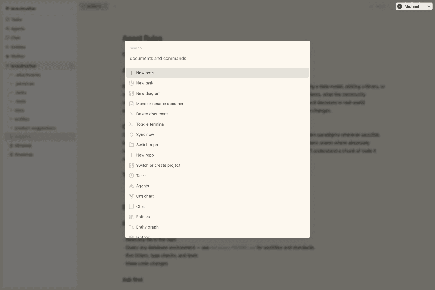 The command palette open over a document